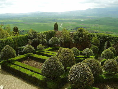 Palazzo gardens and view of Val d'Orcia