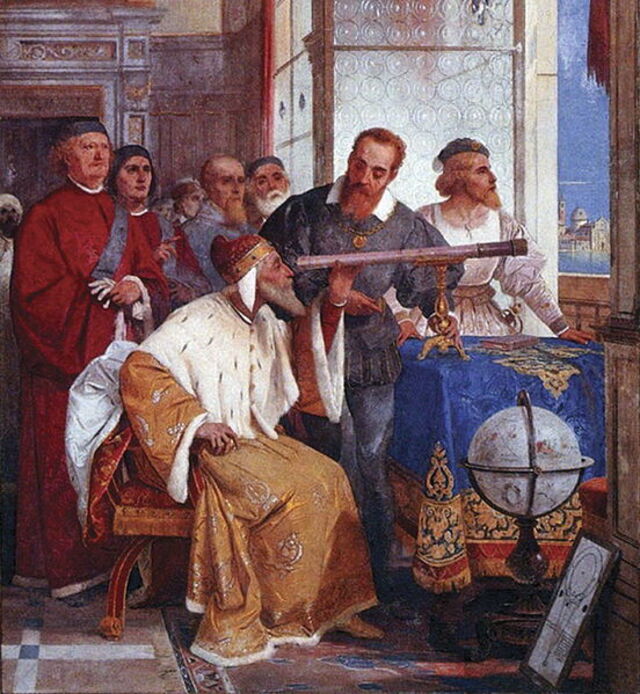 Galileo demonstrating how to use his powerful telescope