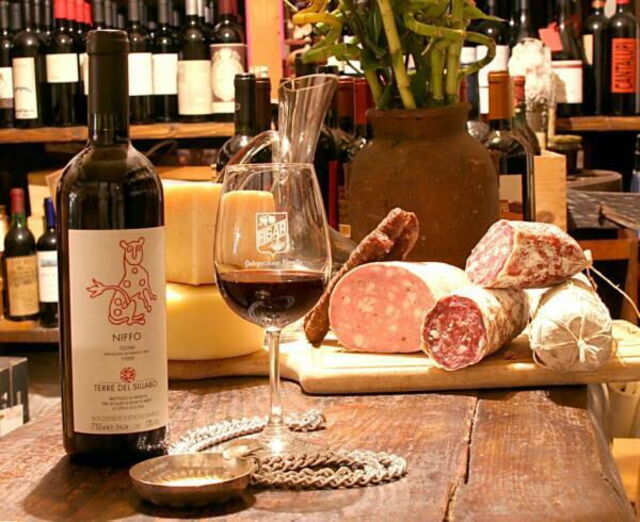 Selection of Tuscan cheese, salami and wine