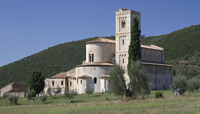 Huge Abbey of St. Antimo surrounded by tuscan hills