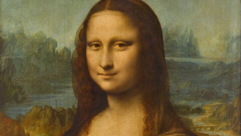Detail of the Mona Lisa with the bridge in the backdrop