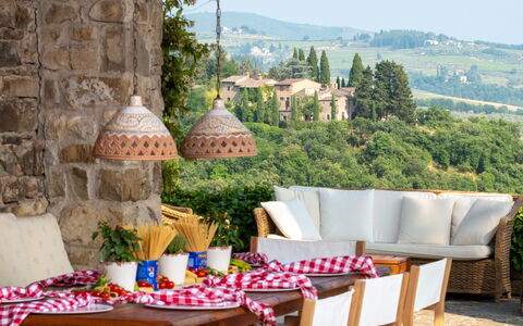 Villa Le Corti: Furniture, Table, Outdoor Furniture, Chair, Outdoor Table, Linens, Food, Tablecloth, Kitchen & Dining Room Table, Patio