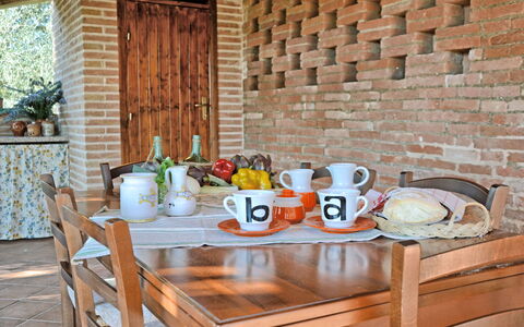 Il Fienile Di Giovanna: Table, Room, Furniture, Orange, Brunch, Coffee Table, Brick, Breakfast, Interior Design, Wood