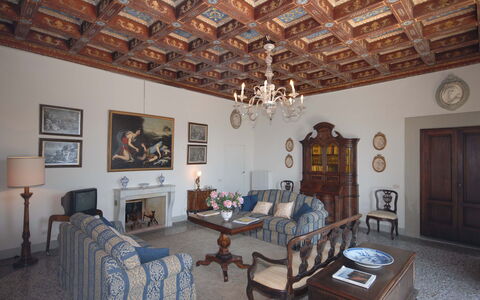 Villa Del Conte: Property, Room, Ceiling, Building, Interior Design, Furniture, Real Estate, House, Home, Living Room
