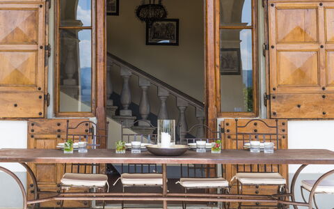 Villa Le Volte: Furniture, Room, Table, Cabinetry, Interior Design, Dining Room, Kitchen, Cupboard, Building, Wood Stain