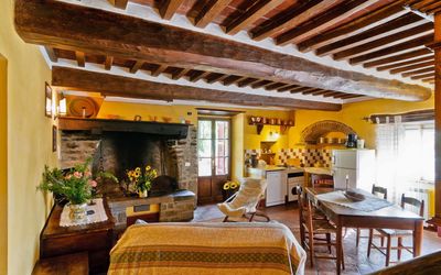 Living room, dining room and kitchen