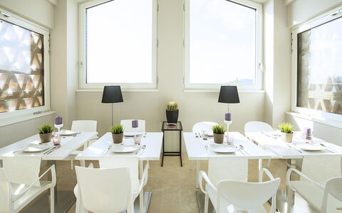 Villa Degli Ulivi: White, Room, Restaurant, Interior Design, Property, Furniture, Table, Building, Yellow, Dining Room