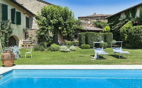 Villa Montalcinello In Siena, Private Pool: Water, Plant, Sky, Furniture, Property, Window, Green, Building, Azure, Blue