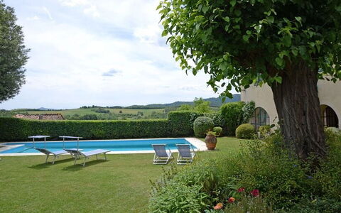 Villa Montalcinello In Siena, Private Pool: Plant, Cloud, Water, Sky, Furniture, Natural Landscape, Flower, Tree, Outdoor Furniture, Swimming Pool