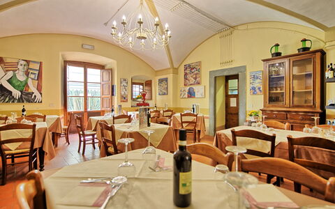 Montegufoni: Restaurant, Room, Property, Dining Room, Building, Interior Design, Real Estate, Table, Furniture, Business