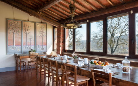 Villa Felciai: Table, Furniture, Property, Tableware, Wood, Interior Design, Window, Chair, Building, Real Estate