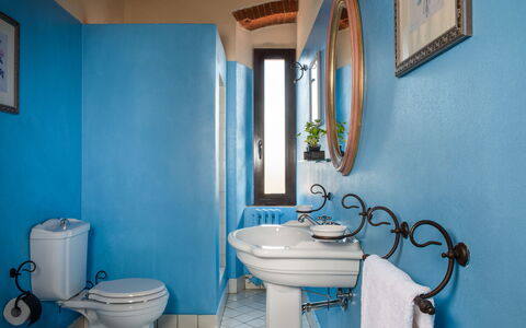 Villa Felciai: Mirror, Photograph, Property, Picture Frame, Blue, Plumbing Fixture, Sink, Purple, Bathroom, Azure