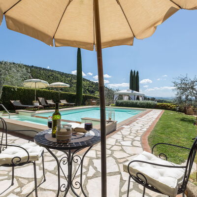 Villa Manuela: Property, Real Estate, Patio, Umbrella, Table, Building, Shade, Home, Outdoor Table, Furniture