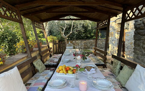 Podere Di Mero Casolare: Furniture, Wood, Table, Chair, Outdoor Furniture, Outdoor Table, Shade, Outdoor Structure, Garden, Kitchen & Dining Room Table