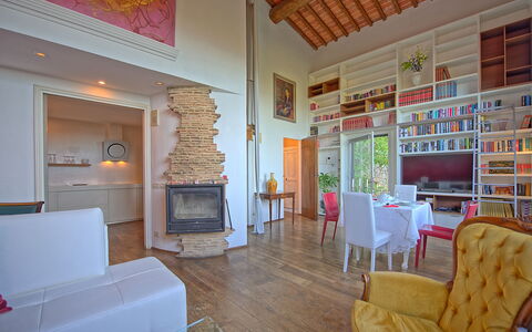 Villa Ancora: Lighting, Wood, Room, Interior Design, Floor, Flooring, Wall, Ceiling, Shelf, Hearth