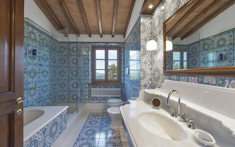 Villa Di Corazzano: Mirror, Tap, Property, Plumbing Fixture, Bathtub, Sink, Bathroom, Azure, Window, Interior Design