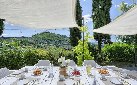 Villa Maona: Table, Food, Tableware, Furniture, Property, Plant, Plate, Dishware, Tablecloth, Shade