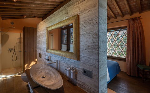 Villa Dorothea: Mirror, Tap, Plumbing Fixture, Property, Furniture, Sink, Window, Building, Bathroom, Wood