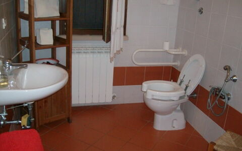 Villa Le Selvole: Mirror, Plumbing Fixture, Property, Sink, White, Toilet Seat, Purple, Bathroom, Bathroom Sink, Toilet