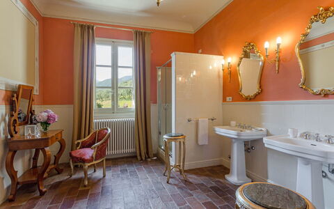 Villa Cantignano: Property, Furniture, Mirror, Sink, Plumbing Fixture, Lighting, Bathroom, Wood, Chair, Interior Design