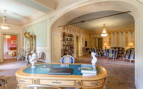 Villa Cantignano: Table, Furniture, Property, Picture Frame, Azure, Chair, Building, Wood, Living Room, Drawer