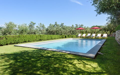 Villa Agnola: Water, Sky, Swimming Pool, Plant, Rectangle, Shade, Residential Area, Grass, Tree, Cloud