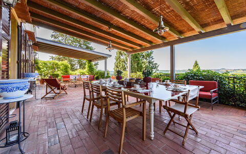 Villa Agnola: Plant, Furniture, Property, Table, Chair, Shade, Wood, Outdoor Furniture, Flowerpot, Leisure