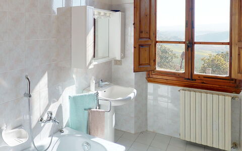Villa La Cicogna Tuscany: Mirror, Plumbing Fixture, Tap, Property, Bathroom Sink, Sink, Bathroom, Interior Design, Window, Wood