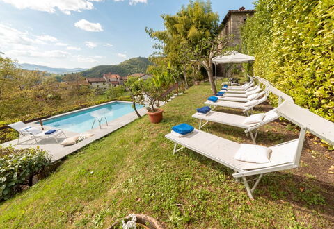Villa In Garfagnana: Plant, Sky, Water, Cloud, Swimming Pool, Outdoor Furniture, Natural Landscape, Tree, Architecture, Leisure