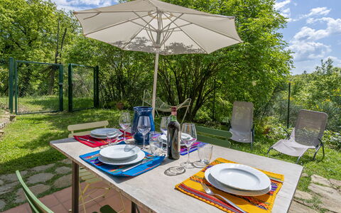 Casa Bosco D'arte Holiday Home , Greve In Chianti,: Table, Plant, Cloud, Property, Furniture, Tableware, Sky, Outdoor Table, Chair, Tree