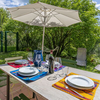Casa Bosco D'arte Holiday Home , Greve In Chianti,: Table, Plant, Cloud, Property, Furniture, Tableware, Sky, Outdoor Table, Chair, Tree