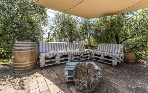 Casa Anita - Castellina In Chianti - Granaio, Tosc: Property, Plant, Table, Barrel, Wood, Tree, Outdoor Furniture, Grass, Shade, Wall