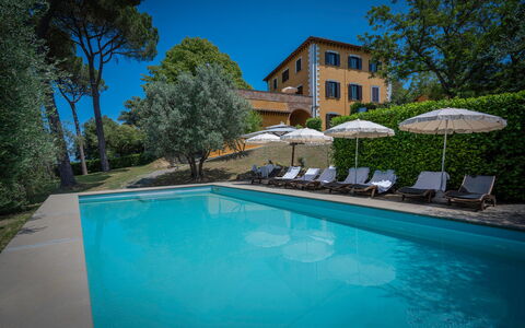 Villa Recanati, Val D'orcia, Private Pool, Jacuzzi: Water, Plant, Property, Sky, Swimming Pool, Building, Azure, Tree, Shade, Outdoor Furniture