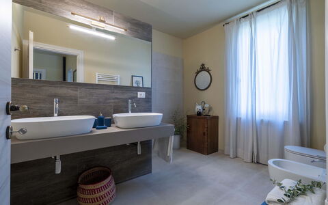 Villa Zara: Mirror, Sink, Tap, Plumbing Fixture, Azure, Plant, Building, Wood, Curtain, Bathroom