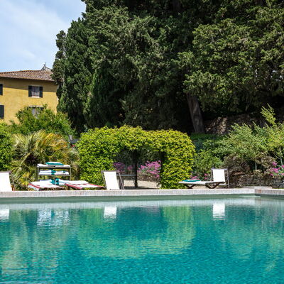 Castello Di Quarate: Water, Plant, Building, Sky, Tree, Natural Landscape, Chair, Cloud, Outdoor Furniture, Swimming Pool
