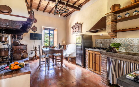 Monticchiello Apartment With Garden, Wifi, Pienza,: Table, Furniture, Property, Cabinetry, Wood, Kitchen, Interior Design, Countertop, Picture Frame, Living Room