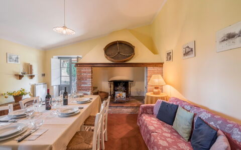 Orcia Panoramic View With Pool: Table, Property, Furniture, Couch, Picture Frame, Chair, Lighting, Interior Design, Wood, Tableware