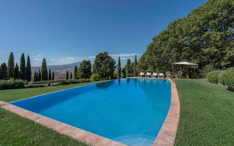 Orcia Panoramic View With Pool: Water, Plant, Sky, Swimming Pool, Tree, Building, Land Lot, Shade, Grass, Natural Landscape
