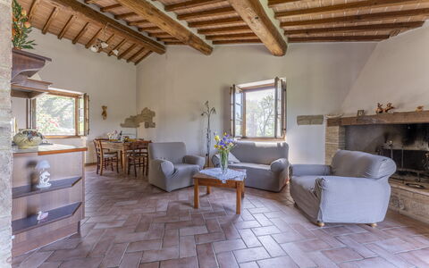 Podere Marcigliana - Radicondoli: Furniture, Building, Wood, Interior Design, Flooring, Floor, Living Room, Beam, Hardwood, Real Estate