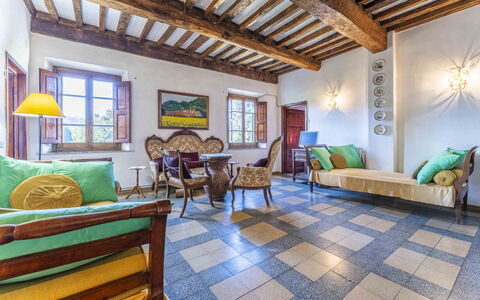 Casale Il Farro - Camaiore, Toscana: Furniture, Green, Couch, Interior Design, Wood, Building, Lighting, Window, Living Room, Floor