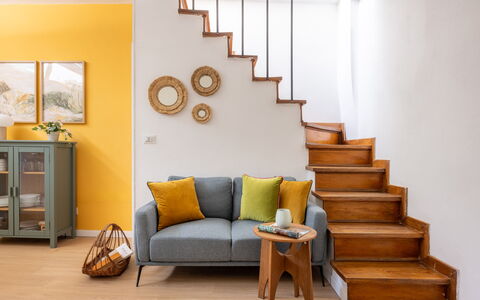 Lucca Old Town Apartment - Lucca, Toscana: Furniture, Interior Design, Wall, Couch, Flooring, Wood, Home, Yellow, Floor, Living Room