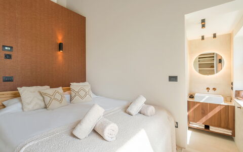 Pendolino Spereto Apartment With Pool, Montaione: Wall, Interior Design, Flooring, Wood, Floor, Bedroom, Furniture, Room, Bed, Lighting