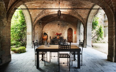 Palazzo Trasimeno: Table, Plant, Interior Design, Tree, Vault, Arcade, Chair, Outdoor Table, Arch, Symmetry
