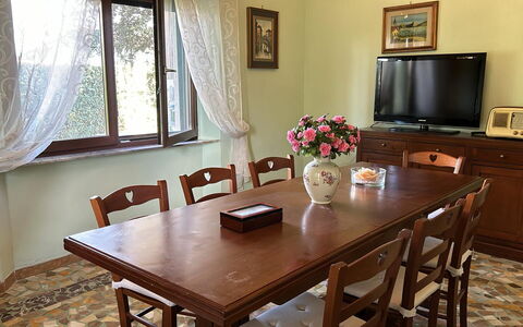 Franco House With Pool: Furniture, Interior Design, Table, Wood, Flooring, Kitchen & Dining Room Table, Dining Room, Room, Floor, Chair