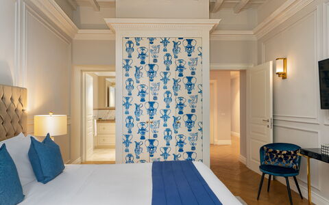 Bargello Penthouse Luxury Apartment in Florence by: Furniture, Property, Blue, Decoration, Azure, Wood, Shade, Building, Architecture, Interior Design