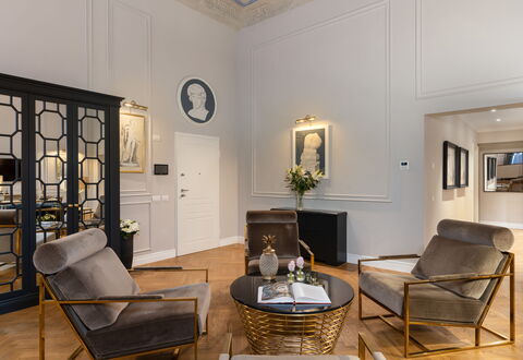 Pazzi Penthouse Luxury Apartment in Florence by Pa: Picture Frame, Table, Furniture, Property, Wood, Chair, Interior Design, Couch, Architecture, Plant