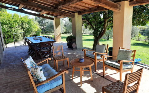 Villa San Giovanni: Furniture, Property, Plant, Table, Wood, Building, Porch, Tree, Outdoor Furniture, Shade