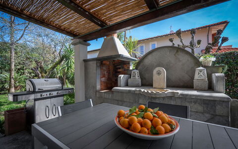 Villa Le Fontanelle In Forte Dei Marmi With Ac: Food, Property, Plant, Building, Table, Sky, Interior Design, Architecture, Shade, Wood