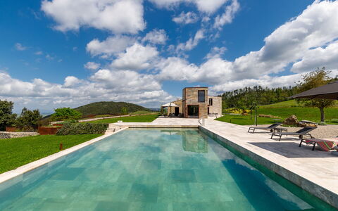 Villa Velari In Volterra With Private Pool, Ac: Cloud, Water, Sky, Plant, Building, Swimming Pool, Azure, Tree, House, Body Of Water