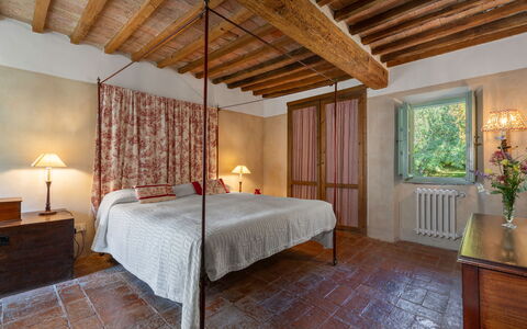 Casa Di Pietro In Vivo D'orcia, Pool: Wall, Bedroom, Furniture, Bed, Interior Design, Wood, Ceiling, Bed Sheet, Bedding, Flooring